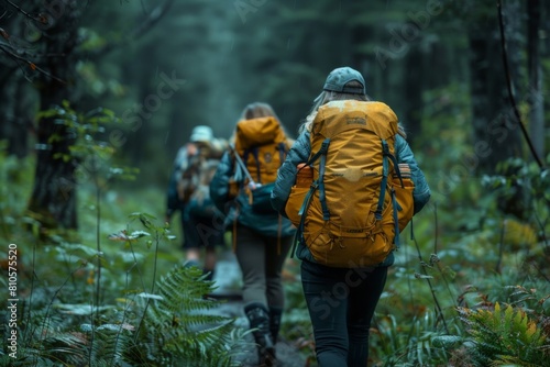 Group of backpackers trekking through a lush, green forest on a foggy day.