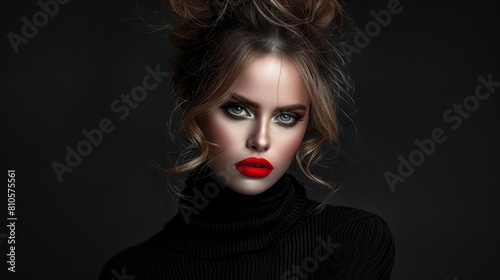  A woman with blue eyes and a red lip wears a black turtleneck sweater and sports a messy bun