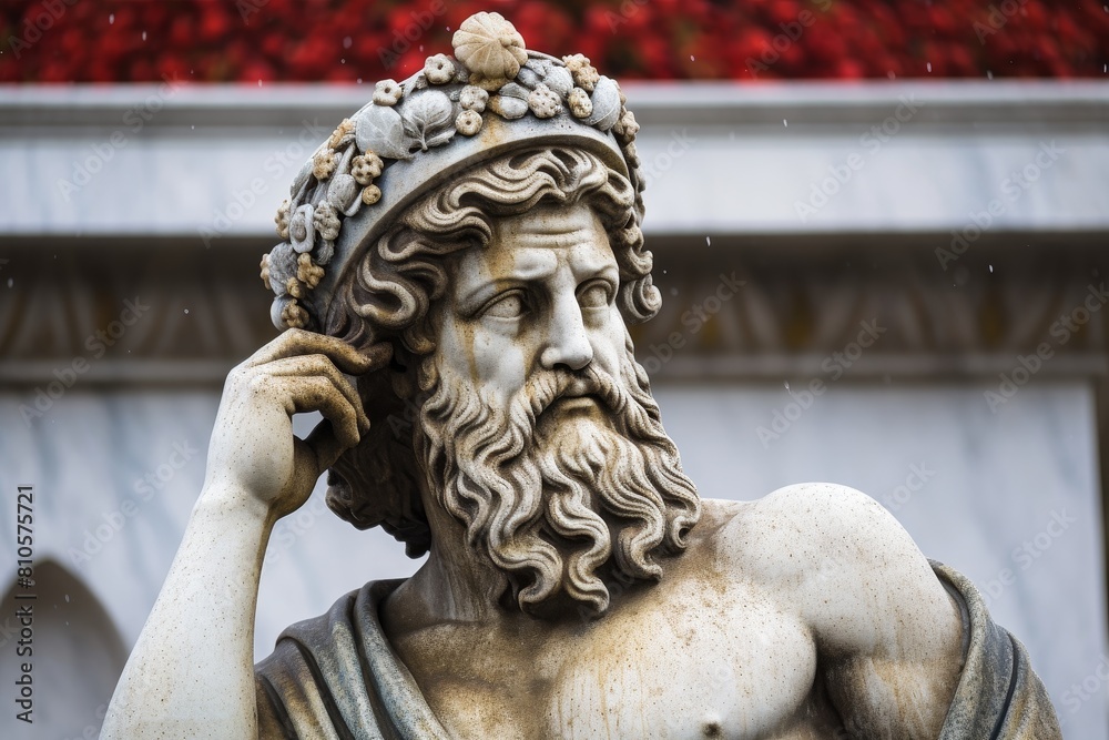 Ornate statue of a bearded man with a floral crown