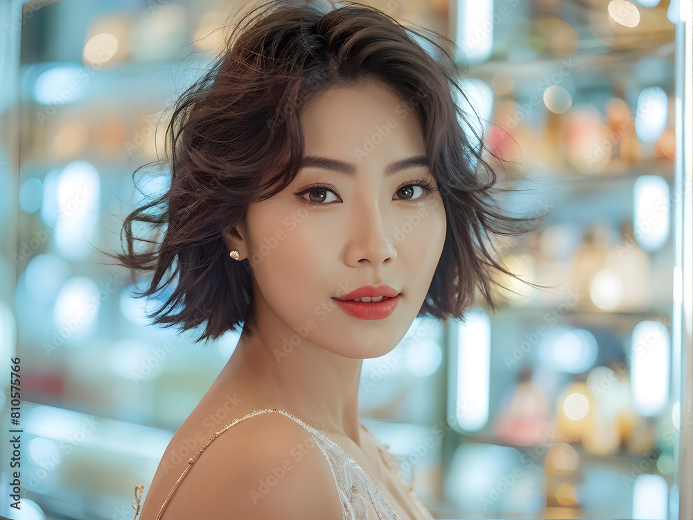 a asian woman with a red lipstick and a white dress suitable for beauty and skin care concept a asian woman with a red lipstick and a white dress suitable for beauty and skin care concept
