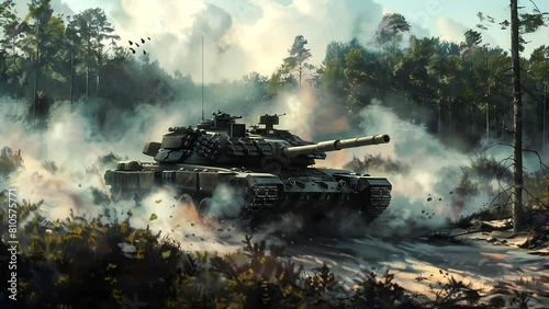 tank was driving through the forest, with smoke coming out of its barrel and moving fast. seamless looping 4k time-lapse video animation background photo