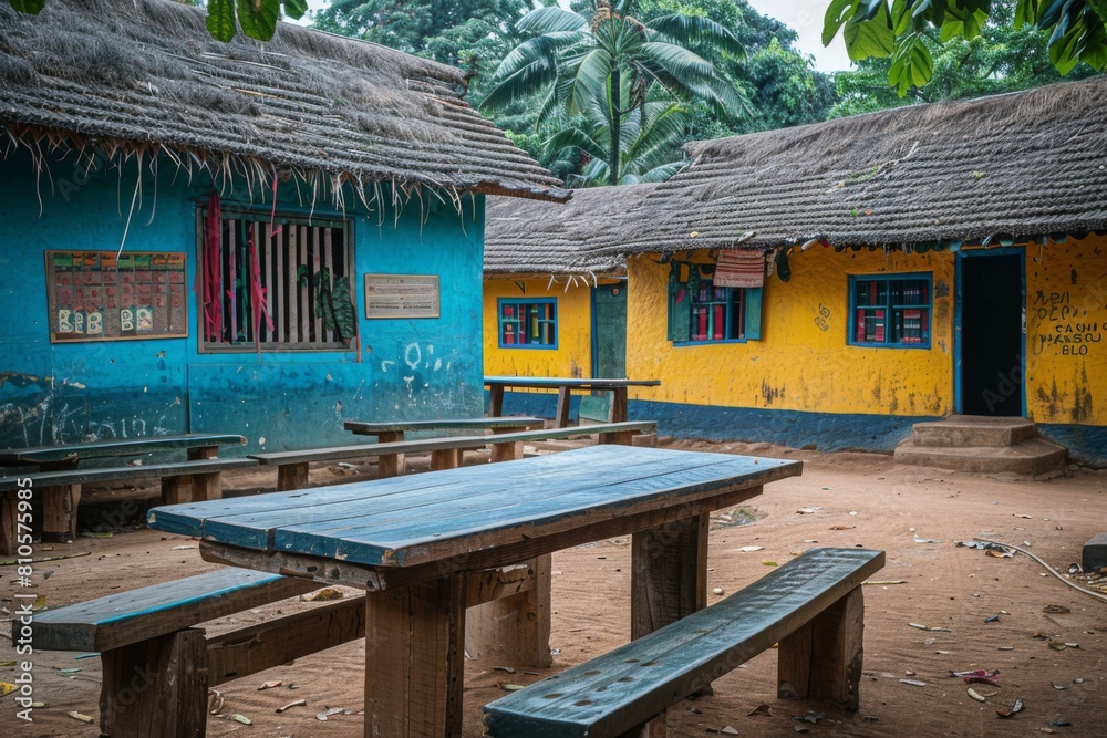 An outdoor classroom in a rural setting featuring a simple wooden structure with a chalkboard, surrounded by lush greenery and tropical plants. An outdoor classroom in a rural setting featuring a simple wooden structure with a chalkboard, surrounded by lush greenery and tropical plants.