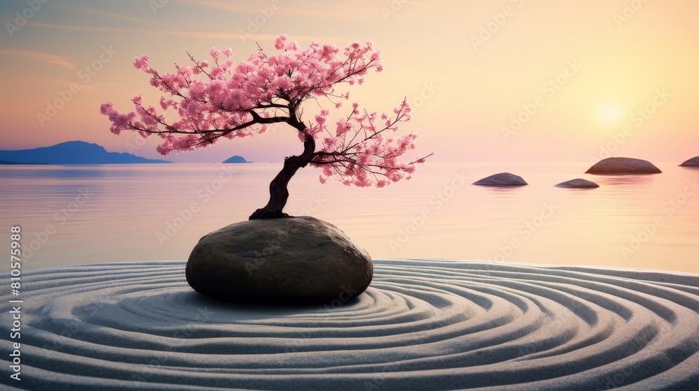 Serene zen garden with cherry blossom tree Serene zen garden with cherry blossom tree