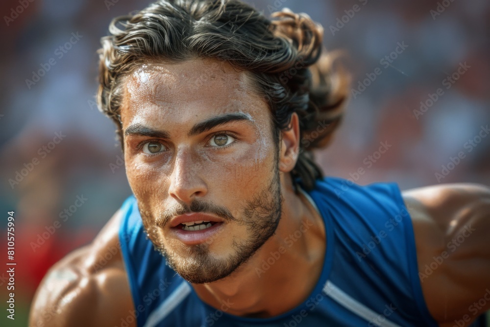 Intense close-up of a male athlete mid-race, focusing deeply with a determined gaze, highlighting his competitive spirit.