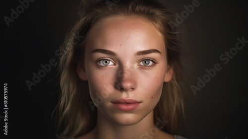 Thoughtful young woman with freckles and windblown hair
