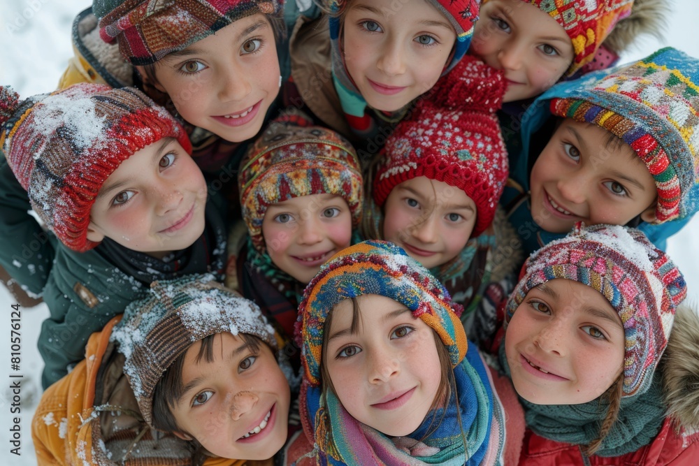 A group of children wearing colorful winter hats smiling together in a snowy setting, showcasing friendship and joyful winter play.