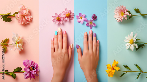 Set of female hands with beautiful manicure and flower