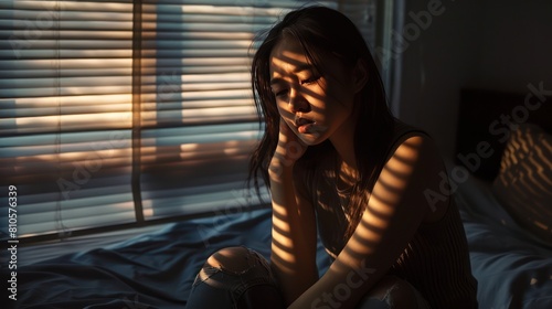 A Domestic violence: Asian woman sitting depressed alone in bedroom Feeling sad and disappointed in love In a dark bedroom and sunlight from the window coming through the blinds. photo