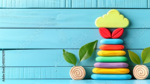   A blue table holds a stack of colorful playdoughs beside a green leafy plant photo
