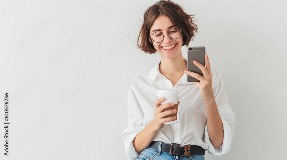 A stylish young European woman with glasses smiles as she holds a phone in one hand and a cup of coffee in the other. She wears blue jeans, a white shirt, and a black belt, engrossed in her phone A stylish young European woman with glasses smiles as she holds a phone in one hand and a cup of coffee in the other. She wears blue jeans, a white shirt, and a black belt, engrossed in her phone
