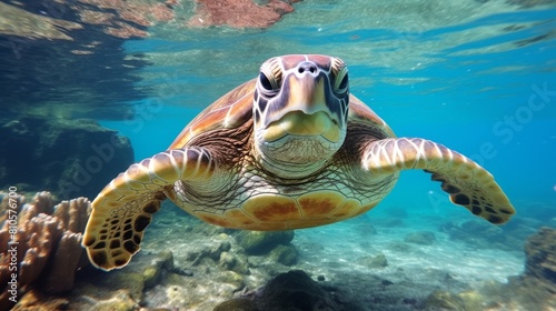 Curious sea turtle swimming underwater in tropical ocean