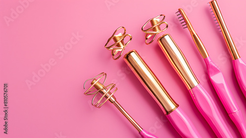 Set of hair curlers on pink background photo