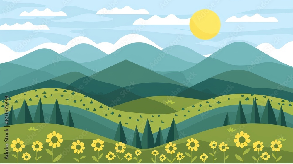 trees and flowers in foreground, sun in sky trees and flowers in foreground, sun in sky