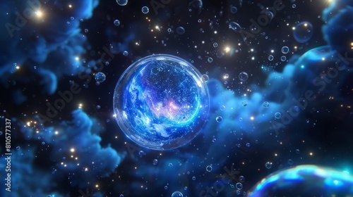  A floating bubble surrounded by smaller bubbles against a star-studded night sky background