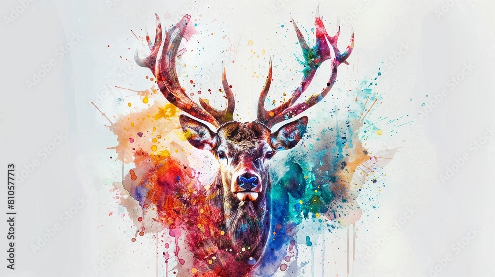 A vibrant watercolor splash art of a majestic stag, its antlers a crown of nature, standing proud in the grand entrance of a modern luxury home.