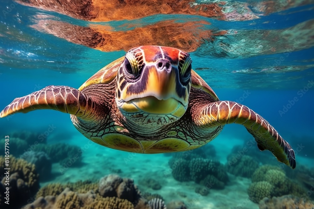 Obraz premium Vibrant underwater sea turtle swimming in tropical waters