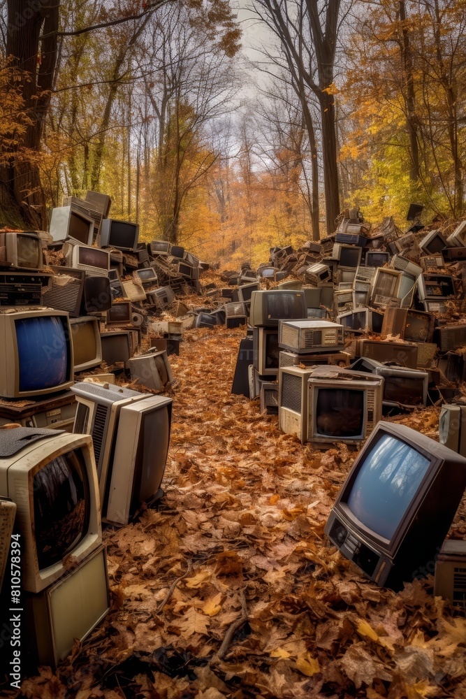Discarded electronics in a forest during autumn