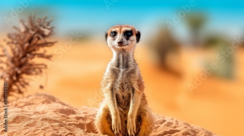 Curious meerkat standing guard in the desert photo