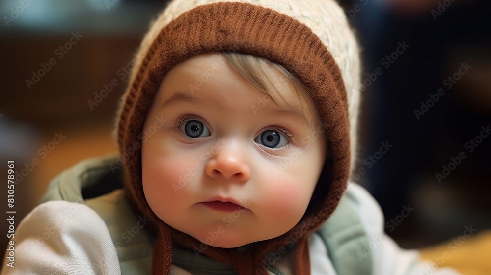 Curious baby in a cozy brown hat Curious baby in a cozy brown hat