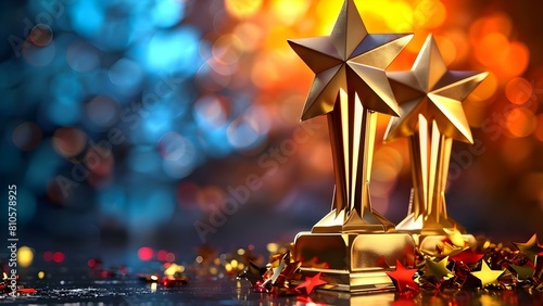 3D gold fivestar trophy symbolizing best customer feedback and satisfaction. Concept Customer Satisfaction, Trophy Design, Gold Finish, 3D Model, Five Stars photo