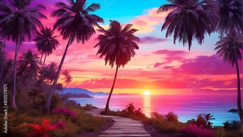 Hiking trail in a tropical forest  with an orange sunset and a vivid neon nature with purple palm trees. An active lifestyle that includes hiking through the forest and working out outside among pink 
