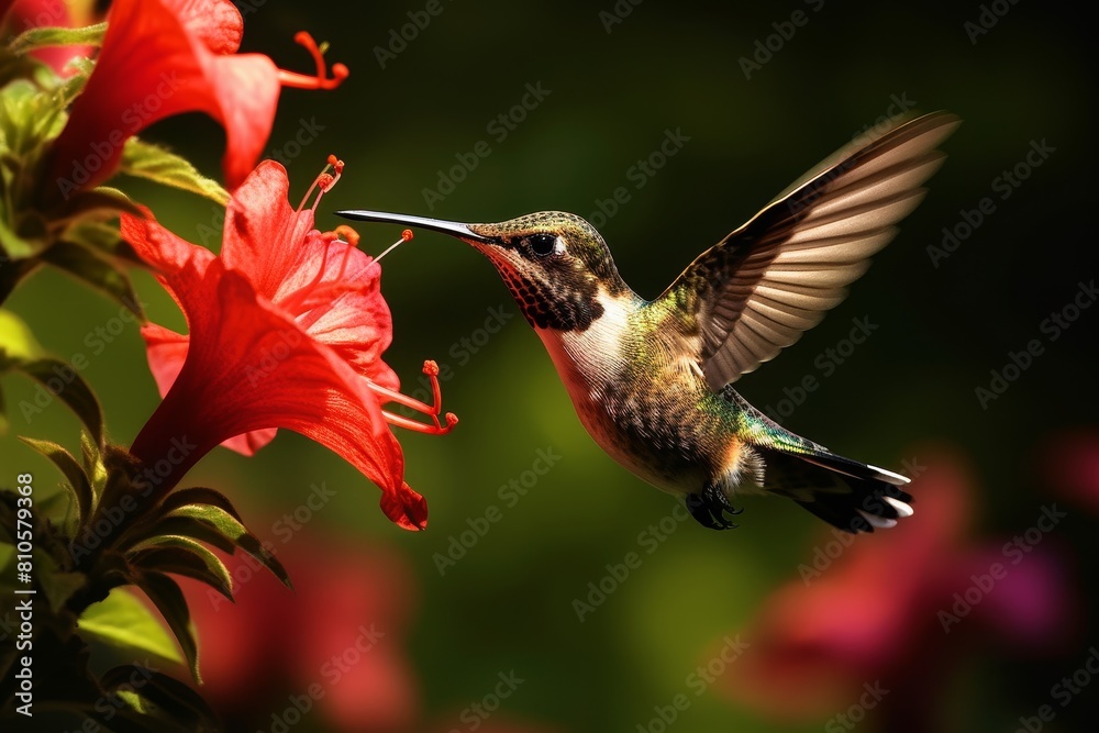 Fototapeta premium Hummingbird feeding on vibrant red hibiscus flower