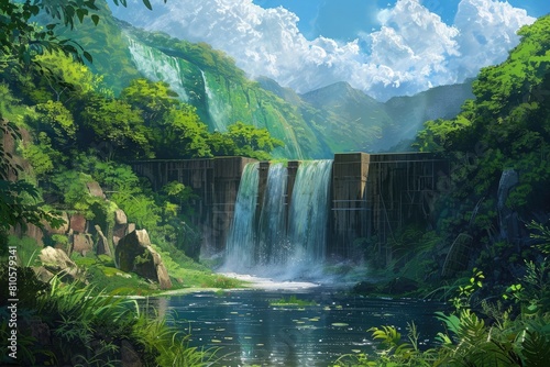 A verdant oasis surrounding a water dam  where nature s vibrant colors contrast with the solid structure  blending into a captivating scene of tranquility.
