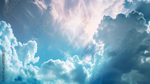 Photo of blue sky with billowy clouds symbolizing secure cloud storage. Concept Cloud Computing, Secure Data Storage, Blue Sky, Technology, Digital Security photo
