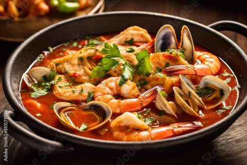 Delicious seafood stew with shrimp, mussels, and vegetables in a spicy tomato broth