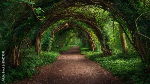 Serene walkway under a natural archway of intertwined branches in a lush, secluded woodland area.