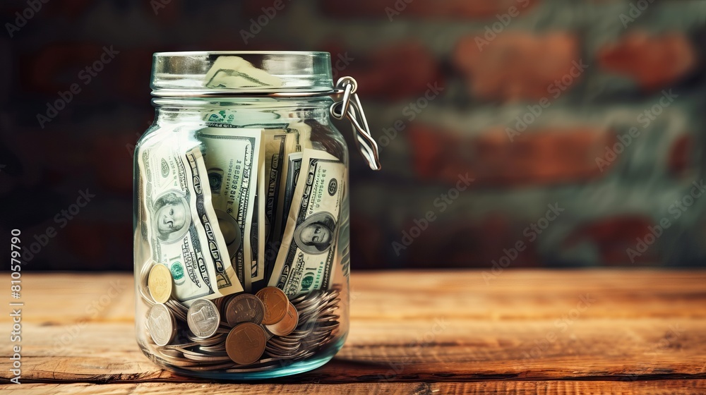 Stacked US currency in transparent jar against rustic timber surface - Conceptual representation of financial savings and investment Stacked US currency in transparent jar against rustic timber surface - Conceptual representation of financial savings and investment