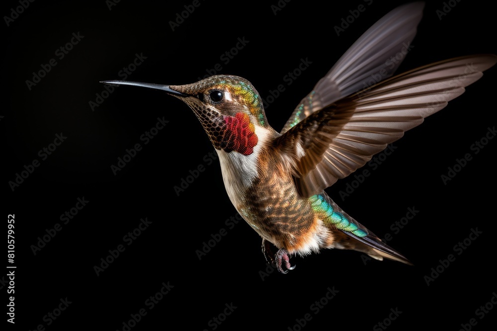 Naklejka premium Vibrant hummingbird in flight against dark background