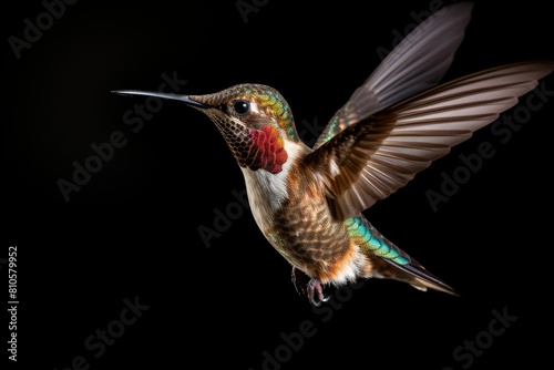 Vibrant hummingbird in flight against dark background