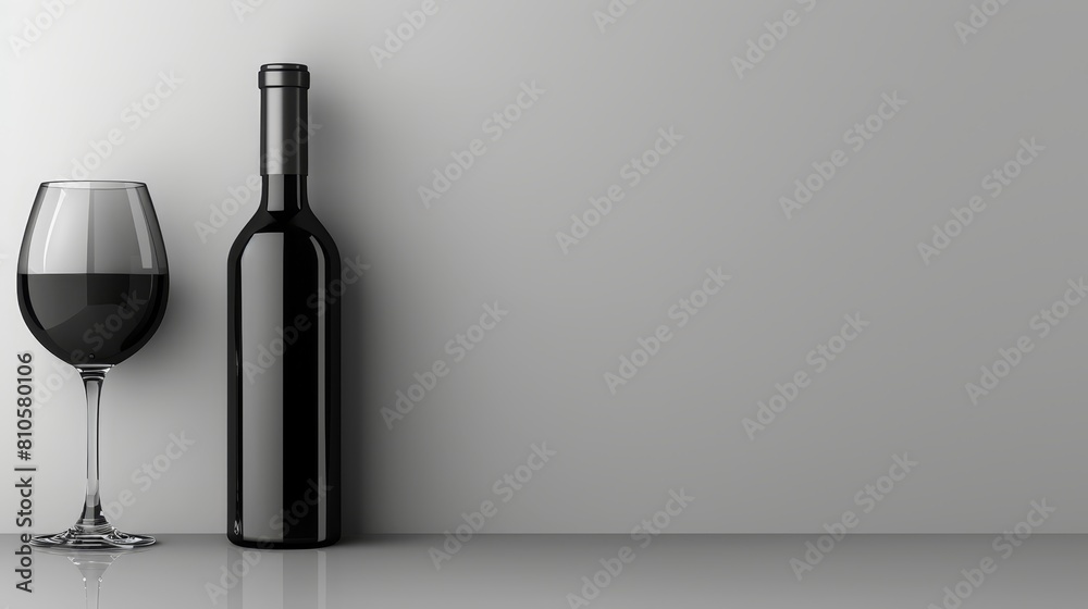   A glass of wine nestled by a full bottle on a pristine white tabletop, framed by a gray wall in the background