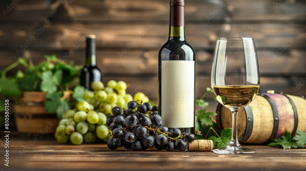 Obraz premium A bottle, a glass, and a bunch of grapes sit on a table before a wooden wall