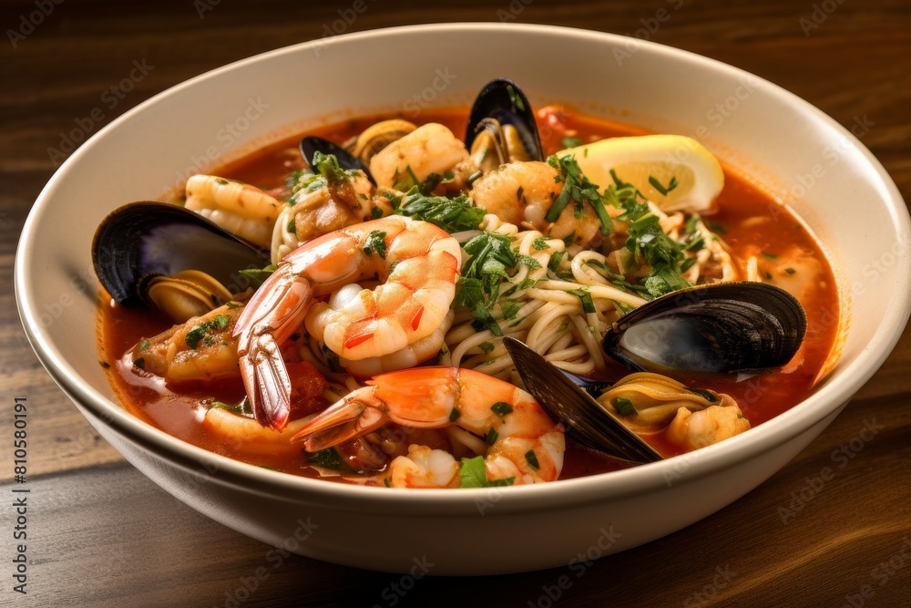 Delicious seafood soup with shrimp, mussels, and noodles Delicious seafood soup with shrimp, mussels, and noodles