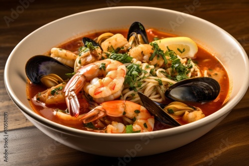 Delicious seafood soup with shrimp, mussels, and noodles