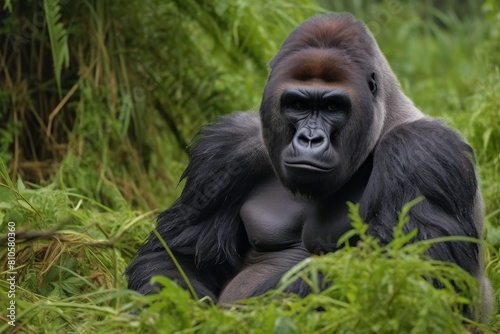 Powerful gorilla in lush green jungle © Balaraw
