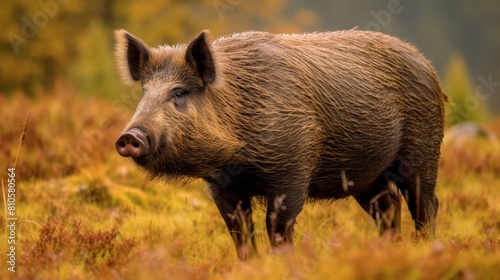 Rugged wild boar in autumn field