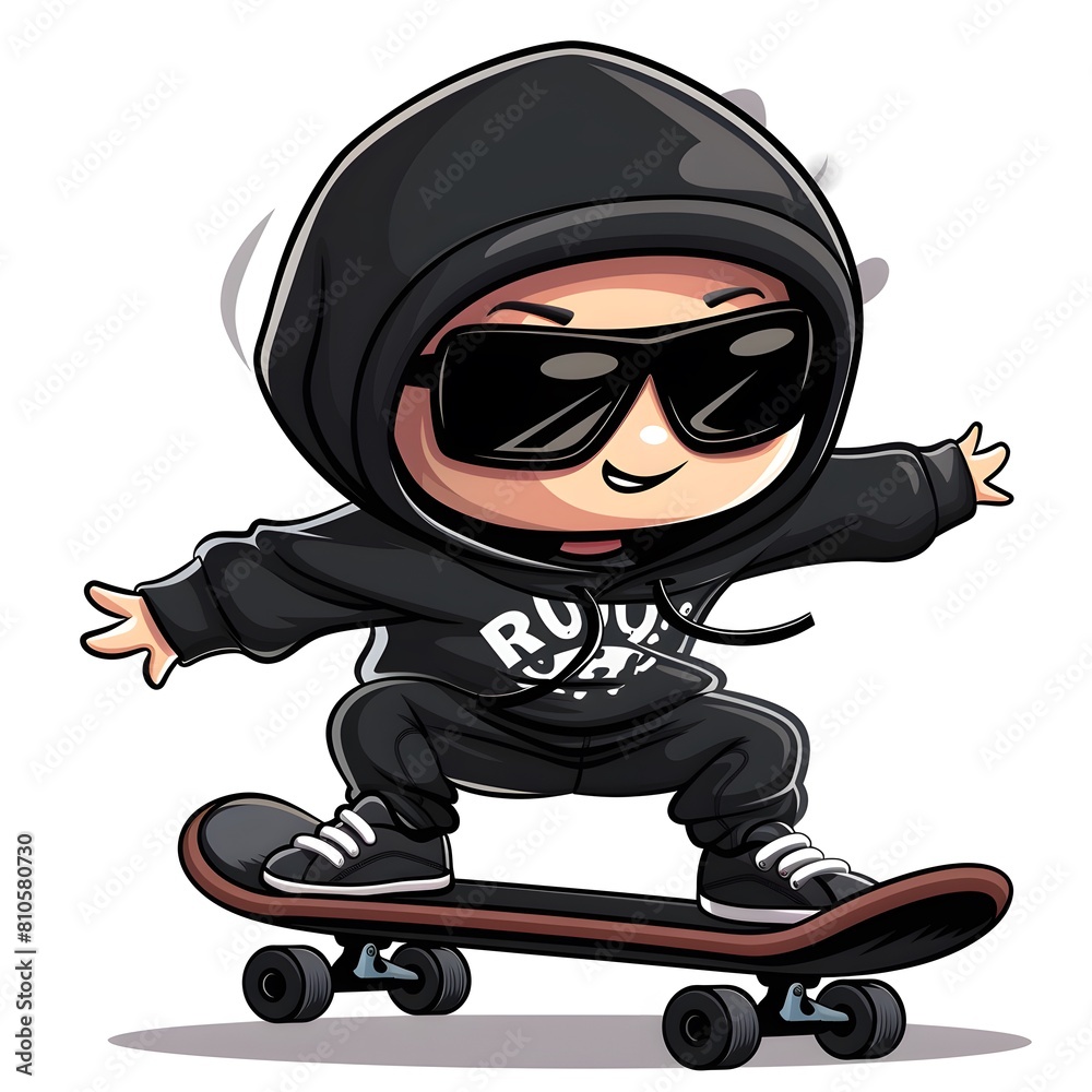 The chibi boy is wearing a large, dark hoodie that covers its head and body riding a skateboard The chibi boy is wearing a large, dark hoodie that covers its head and body riding a skateboard