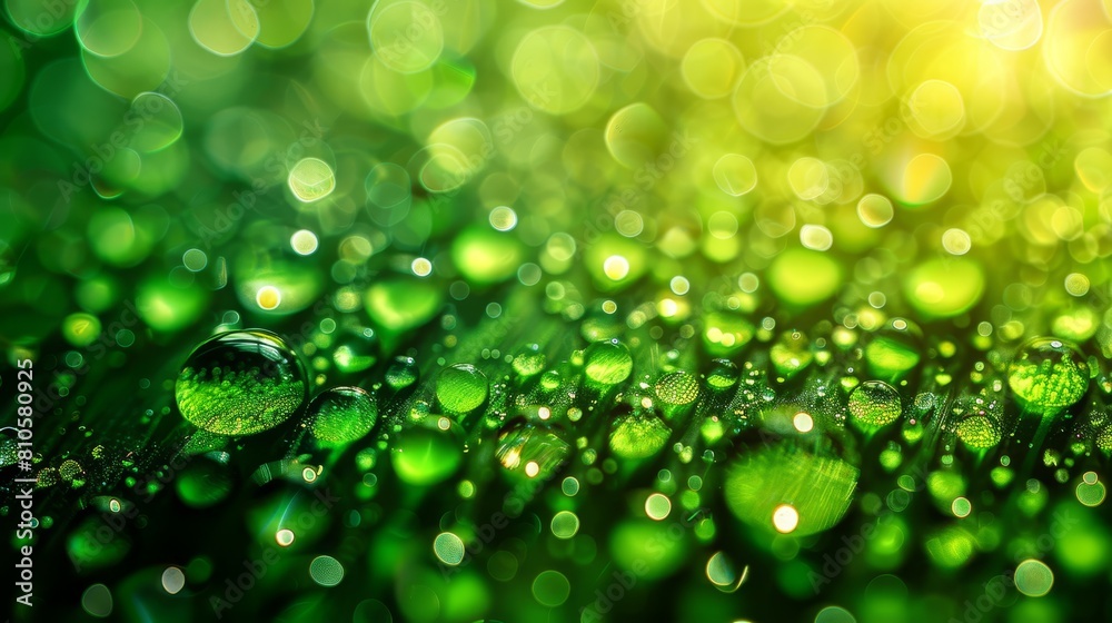 A close-up of water droplets on a green surface, reflecting light in bokeh A close-up of water droplets on a green surface, reflecting light in bokeh