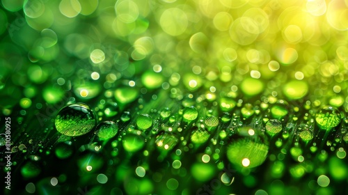  A close-up of water droplets on a green surface, reflecting light in bokeh