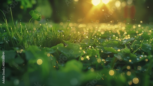   A tight shot of a grassy expanse  dotted with dew-kissed blades Sunlight filters through trees in the backdrop  casting dappled patterns