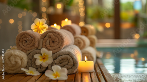 Roll up of towels with candles and flowers for massage spa treatment
