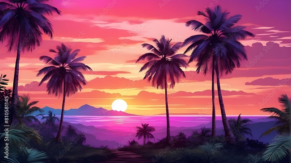 Hiking trail in a tropical forest, with an orange sunset and a vivid neon nature with purple palm trees. An active lifestyle that includes hiking through the forest and working out outside among pink 