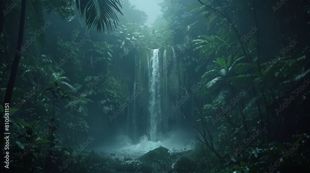 Obraz premium In the heart of the forest lies a sizable waterfall, surrounded by an abundance of verdant foliage Additionally, a smaller waterfall exists within this green haven