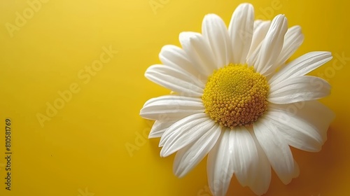   A tight shot of a pristine white flower against a sunny yellow backdrop  featuring a yellow mark in its heart