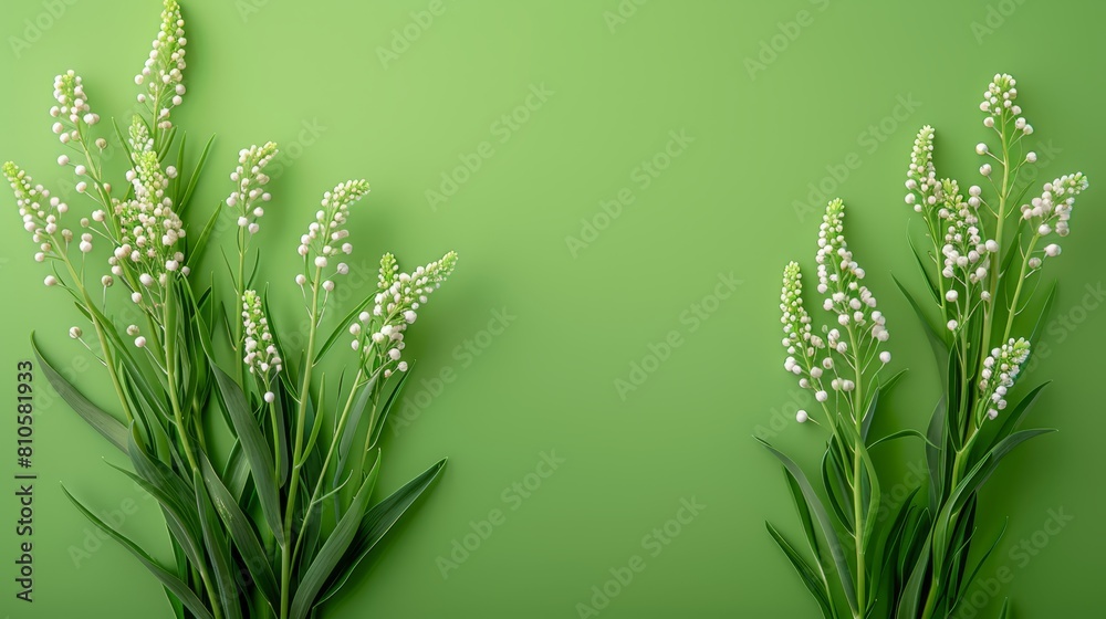 Fototapeta premium Two white flowers on a green wall, adjacent to another green wall