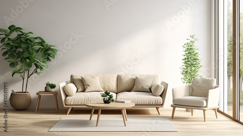 Minimalist Modern Living Room with furniture. Sofa, Chair, Pillows, Lamp, House Plant, Interior Design, Cream Wall, Gray Background