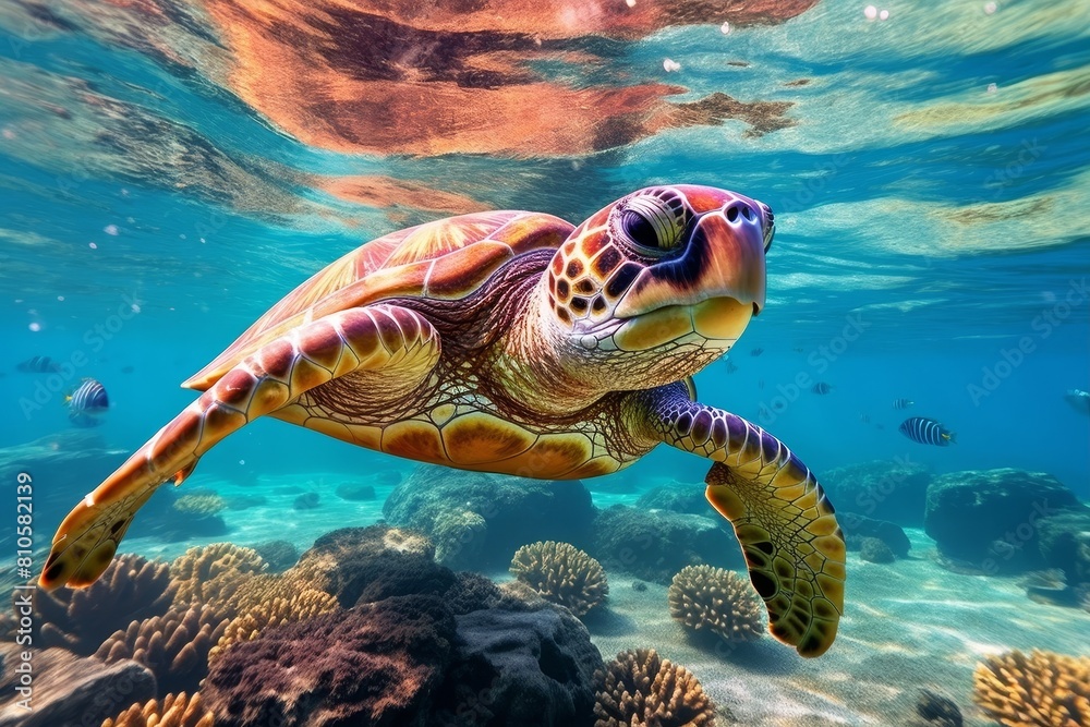 Fototapeta premium Vibrant sea turtle swimming underwater